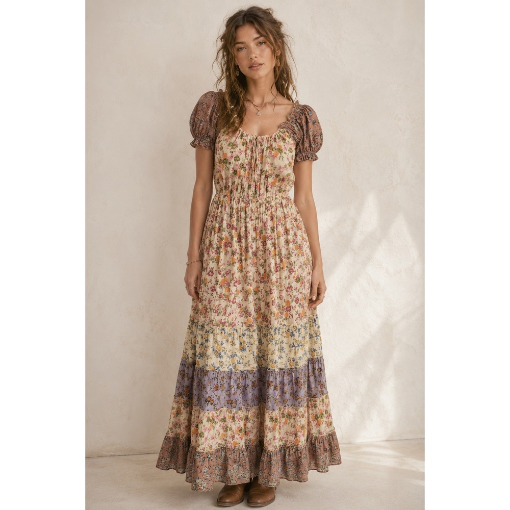 Jackpot Maxi Dress M Multicolor Floral Patchwork Tiered Prairie Cottage Boho